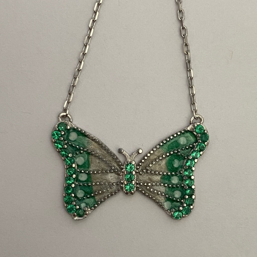 925 Silver butterfly necklace cz stones and green white handmade enamel